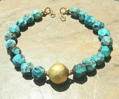 Boho Chic Blue Ocean Jasper  and African Brass Statement Necklace - Image 4