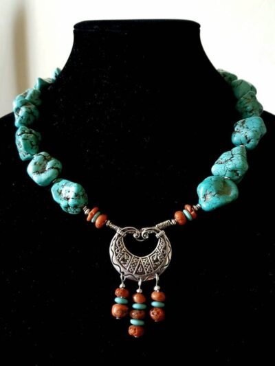 Tribal/Boho Chic Unisex Necklace Turquoise Howlite and Red Coral - Image 2