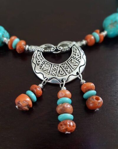 Tribal/Boho Chic Unisex Necklace Turquoise Howlite and Red Coral - Image 7