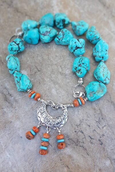 Tribal/Boho Chic Unisex Necklace Turquoise Howlite and Red Coral - Image 3