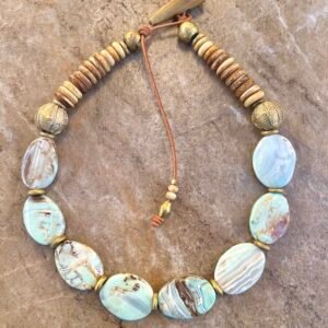 Bohemian Necklace Sky Blue Dragon Skin Agate and African Tribal Brass