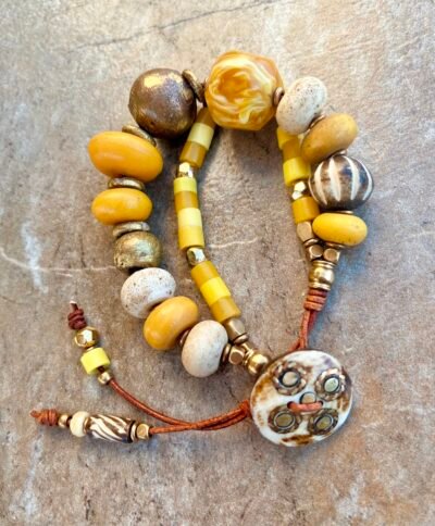 Boho Yellow Bracelet Java Glass, Vintage Resin and African Beads - Image 4