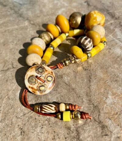 Boho Yellow Bracelet Java Glass, Vintage Resin and African Beads - Image 6