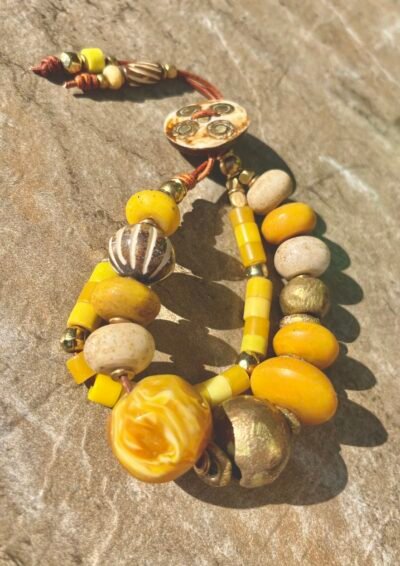 Boho Yellow Bracelet Java Glass, Vintage Resin and African Beads - Image 7