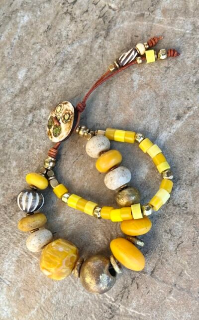 Boho Yellow Bracelet Java Glass, Vintage Resin and African Beads - Image 10