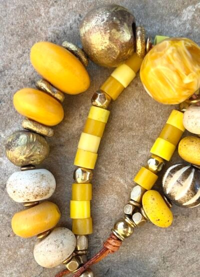 Boho Yellow Bracelet Java Glass, Vintage Resin and African Beads - Image 11