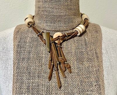Bohemian Leather and Batik Bone Choker Necklace - Image 17