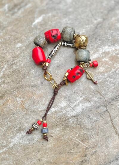 Red Bamboo Coral and Batik Bone Bracelet - Image 3
