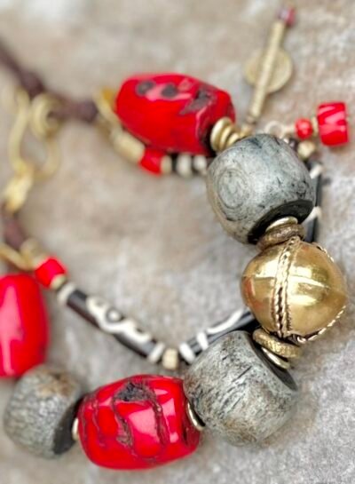 Red Bamboo Coral and Batik Bone Bracelet - Image 4