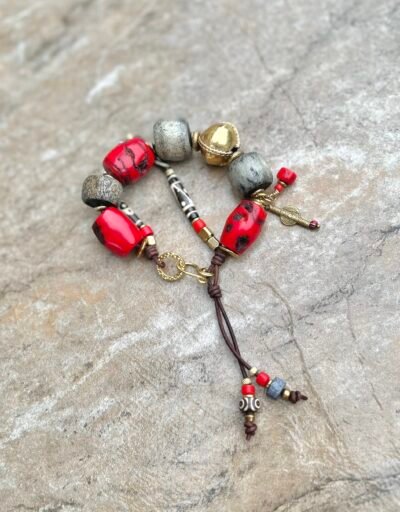 Red Bamboo Coral and Batik Bone Bracelet - Image 6