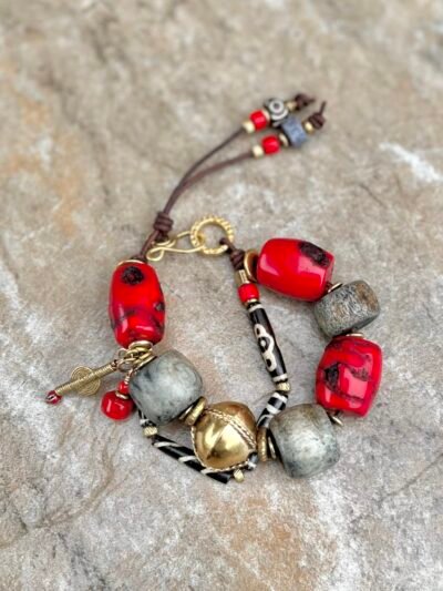 Red Bamboo Coral and Batik Bone Bracelet - Image 7