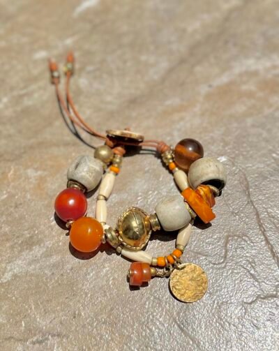 Copal Amber and carved bone boho bracelet