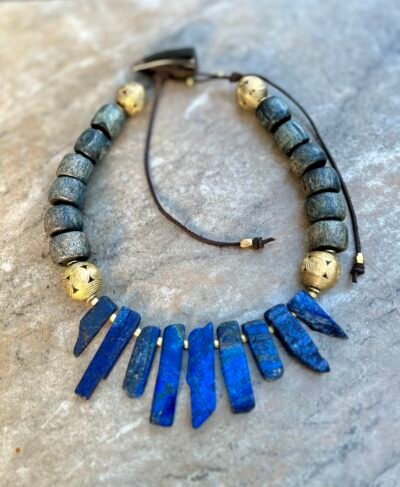 Lapis Lazuli and African Carved Bone Necklace